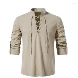 Men's T Shirts 2023 V-neck Shirt T-shirt Fashion Vintage Thin Long Sleeve Top Men Casual Breathable Viking Front Lace Up Man