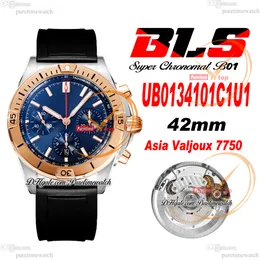 BLS Chronomat B01 ETA A7750 Automatisk kronograf Mens Watch 42 Two Tone Rose Gold Blue Dial Black Rubber UB0134101C1U1 Super Edition Reloj Hombre Puretime H8