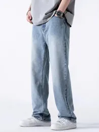 Herren Jeans Frühling Herbst Gerade Denim Hosen Banding Taille Baumwolle Streetwear Breites Bein Lose Lässige Blaue Lange Hosen 231130