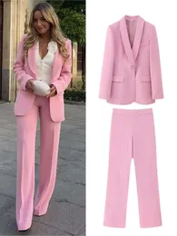 Ensemble de pièces de poche rose élégant pour femmes, mode simple boutonnage, manches longues, manteau, taille, pantalon, costumes Chic, tenues de rue