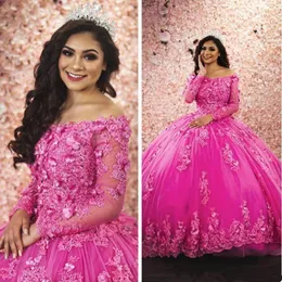Luxury Fuchsia Princess Ball Gown Quinceanera Dresses Long Sleeves Off the Shoulder Appliques Sweet 15 16 Dress Prom Pageant Gowns Vestidos YD