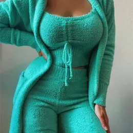 Kadınların Pijama Sonbahar Kış Kadın Velvet Pijamaları Set Mahsul Toplong Pantscoat 3 Parça Takım Sıcak Yumuşak Polar Homewear Pijamalar S-3XL 231130