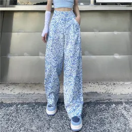 Frauen Hosen Casual Frauen Sommer Breite Bein Blau Druck Mode Streetwear Zarte Elastische Taille Voll-länge Taschen Koreanische Weibliche