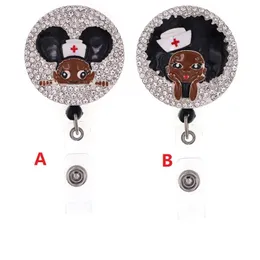 Llaveros de estilo más nuevo, soporte de identificación retráctil con diamantes de imitación para niña negra, accesorios para nombre de enfermera, carrete de insignia con clip de cocodrilo 237h