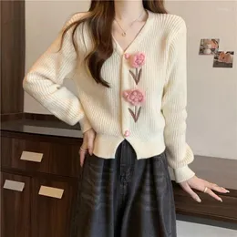 Women's Knits XIZOU 3D Floral Women Sweet Cardigan Fashion Autumn Soft Knitted Sweater Korean V Neck Lady Chic Casual Lazy Wind Loose