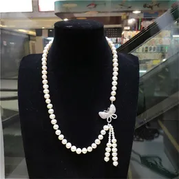 Natural 7-8 mm white nearly round freshwater pearl micro inlay zircon butterfly clasp short necklace fashion jewelry