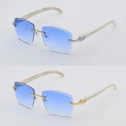 Lüks Rimless Güneş Gözlüğü Erkekler Lentes De Sol Mujer Kadın Tasarımcı Büyük Kare Orijinal Beyaz Orijinal Doğal Boynuz Güneş Gözlükleri Elmas Kesme Lens Boyutu için Çerçeveler 58mm