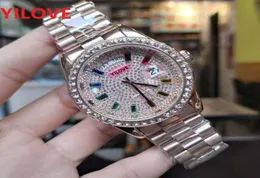 Mens Womens Lovers Japan Quartz Movement Watches 40MM Full Fine Stainless Steel Colored Diamonds Set Couples Week Time Day Date Wr3897845