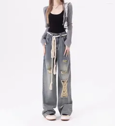 Jeans femininos americano retro fio trançado cintura mulheres y2k 2024 franja corda cinto design calças pantalones de mujer