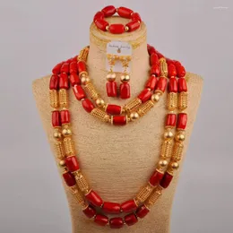 Naszyjnik Zestaw mody Nieregularny Nigerian Bride Red Natural Coral Peads African Wedding Biżuteria AU-381
