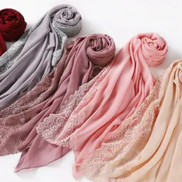 Lenços 170cm 70cm pérola chiffon laço borda bandana para mulheres muçulmano lenço cachecol xale hijab turbante moda elegante versátil presente