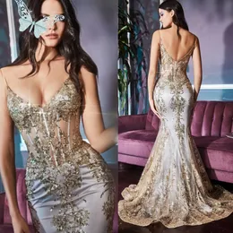 Light Gold Mermaid Sleeveless Gowns Prom Dress Tulle V Neck Women Formal Dress Beach Evening Dresses Plus Size YD