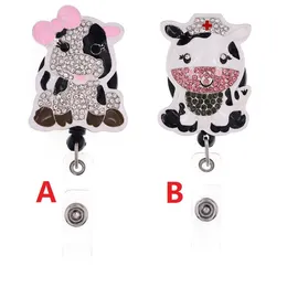 Cute Key Ring Animal COW Rhinestone Retractable ID Holder For Nurse Name Accessories Badge Reel With Alligator Clip262V