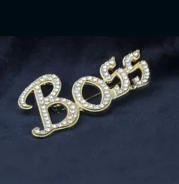 Bling Bling 18K Gold Plated Austrian Crystal Letter BOSS Brooches for Men Women Wedding Jewelry Nice Gift Whole Retail Sh6810399