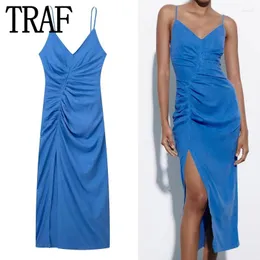 Casual Dresses Blue Slip Long Dress Women Ruched Elegant Party For 2023 Backless Sexy Summer Woman Evening