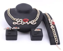 Hip Hop Fashion Style Luxury Rhinestone Lip Love Collar Necklace Bracelet Earring Ring With Silver Color Chain Jewelry Sets3193024