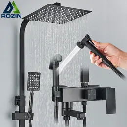 Bathroom Shower Heads Rozin Rainfall Faucet Set With Bidet Mixer Tap Black Wall Mounted Brass Bath Cabin System Rack Tub Spout 231130