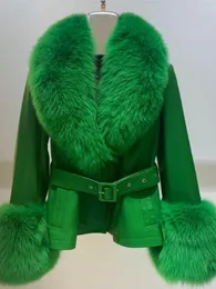 Women's Fur Faux Fur RR1516 Fake Fur High quality luxury women's Faux Fox fur Removed collar cuffs winter longPu leather coat with belt women 231130