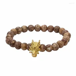 Strand Natural Brown Brownish 8mm Semi Precious Stone Bead With Metal Dragon Charm Standard Beaded Bracelet For Men Jewelry BR031