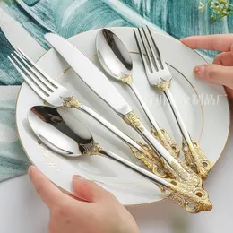 Zestawy naczyń kuchennych stoli nierdzewnej Worka stołowa Royal Court Style Gold Slated Wzór Main Główny pięć sztuk Knife Fork Spoon Staliwa 231130