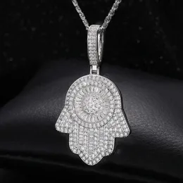 Bling luksus 925 srebrny bagietka vvs moissanite diament lodowany mrożony w zawieszek Hamsa ręka na prezent biżuterii