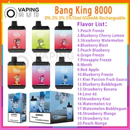 Original Bang King 8000 Puff Disposable E Cigarett 15 ml Förfylld POD 650mAh Batterimes Cole 0%2%3%5%Level 20 Smaker Puffs 8K Vape Pen