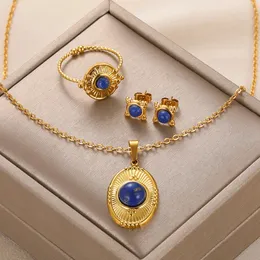 Hochzeit Schmuck Sets Edelstahl Für Frauen Vintage Oval Blau Halskette Ohrring Gold Farbe Ringe Ästhetischen Naturstein 231201