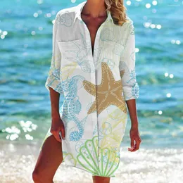 Kvinnors blusar Sea Starfish Print Blue Button Up Long Sleeve Shirt Women Fashion Loose Shirts Sunscreen Holiday Outwear