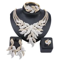 Charm Dubai Gold Color Crystal Rhinestone Wedding Bridal Jewelry Sets For Women African Necklace Earring Bracelet Ring Party Dress236J