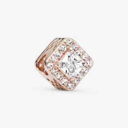 Nowy przyjazd 925 Sterling Srebrny Rose Gold Square Sparkle Halo Charm Fit Fit European Charm Bransoletę Masowa biżuteria Accessori238Q