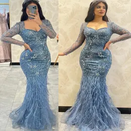 Luxury Long Plus Size Arabic Evening Dresses Square Collar Sequined Lace Full Sleeves with Feathers Mermaid Floor Length New Arrival 2024