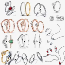 925 실버 커플 웨딩 반지를위한 여성 디자이너 크리스마스 보석 선물 Diy Fit Pandoras Celestial Sun Moon Ring Necklace Earrings 브레이슬릿 세트 오리지널 박스