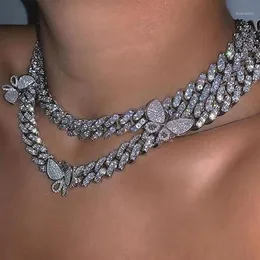 Shiny Crystal Butterfly Cuban Link Chain Halsband Collar Punk Luxury Rhinestone Chunky Choker for Women Jewelry Gift Chains344Q