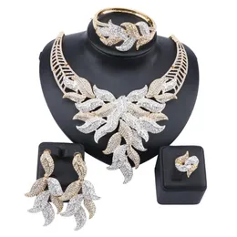 Charm Dubai Gold Color Crystal Rhinestone Wedding Bridal Jewelry Sets For Women African Necklace Earring Bracelet Ring Party Dress233P