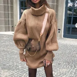 Casual Dresses Fashion Turtleneck Solid Color Knitted Sweater Winter Lantern Sleeve Loose High Street Pullover Dress