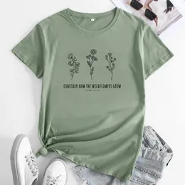 Damen-T-Shirts „Überlegen Sie, wie die Wildblumen wachsen“ T-Shirt Ästhetisches Boho-christliches Bibel-T-Shirt Vintage-Frauen-inspirierendes T-Shirt-Oberteil