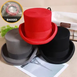 Breda brimhattar hink 2023 Wool Flat Man Top Hat Fashion Fedora mångsidig Panama Magician Gentleman Cylinder Strap Steampunk Elegant 231201