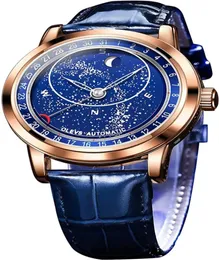 Men039S Sky Moon Watch 자동 기계식 블루 가죽 럭셔리 드레스 방수 Luminous Wrist Watches7121328