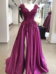 Prom Dresses Purple Plus Size Evening Gown Party Formal Zipper Lace Up New Custom A Line Sleeveless Applique Hand Made Flowers V-Neck Satin Thigh-High Slits