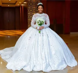 Luxus Puffy Afrikanisches Hochzeitskleid Langarm Stehkragen Kristall Perlen Applizierte Spitze Brautkleider Gericht Zug Vestido De Novia