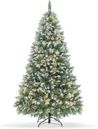 Pre-lit 6ft artificial christmas tree with lights, pine cones, flocking with 270 warm white LED lights, 810 PVC branch tips, party decorations