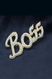 Bling Bling 18K Gold Plated Austrian Crystal Letter BOSS Brooches for Men Women Wedding Jewelry Nice Gift Whole Retail Sh8107417