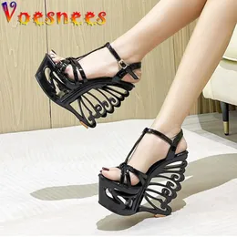 Kleid Schuhe Sommer Aushöhlen Plattform Nachtclub Mode Pumpen Frau Super High Heel Wedges Sandalen Sexy Knöchel Schnalle Peep Toe party 231201