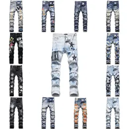 Jeans masculinos 15 syles designer amirs mens high street roxo para mens bordados calças oversize rasgado buraco denim reta moda streetwear magro