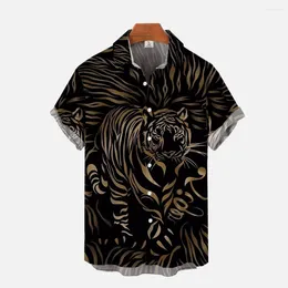 Camisas casuais masculinas high-end preto e ouro legal tigre 3d impressão cultura camisa estilo verão havaiano manga curta moda topo