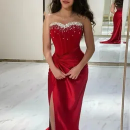 Crystal Beaded Red Mermaid Evening Dresses Sweetheart Neck Side Split Sexy Special Occasion Dress For Women Girls 2024 Sleeveless Long Satin Chic Party Prom Gown