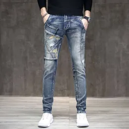 Slim Skinny Uomo Stretch Blu Patchwork Camo Stampa Streetwear Moto Biker Jeans Hip Hop Denim Pantaloni a righe Qualità