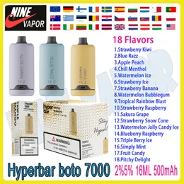 Autentisk hyperbar boto 7000 puff engångs elektronisk cigarett 16 ml Förfylld pod 500mAh Uppladdningsbar batteri puff 7k 2% 5% nivå ånga penna kit