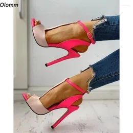 Dress Shoes Olomm Fashion Women Concise Sandals T-strap Sexy Stiletto Heels Peep Toe Fuchsia Red Party US Plus Size 5-20