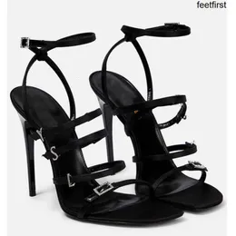 Luxury Summer Brand Jerry Sandals Shoes Women Crystal-embellished Satin Buckles Strap High Heels Black Lady Sandalias Party Wedding Dress EU35-43